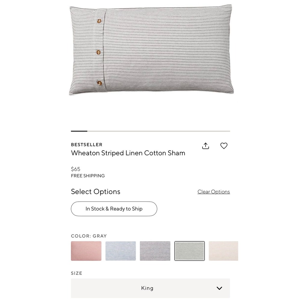 Pottery Barn Wheaton Striped Linen Cotton King Sham Gray White Button Closure